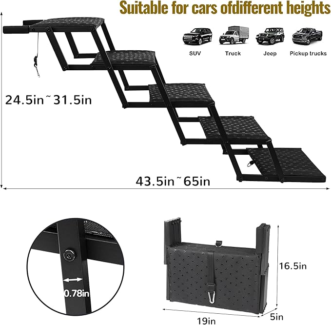 Extra Wide Dog Stairs for Car - Foldable Dog Ramps for Large Dogs with Non Slip Surface, Portable Dog Steps for Cars and SUV, Truck, Support Up to 250 Lbs