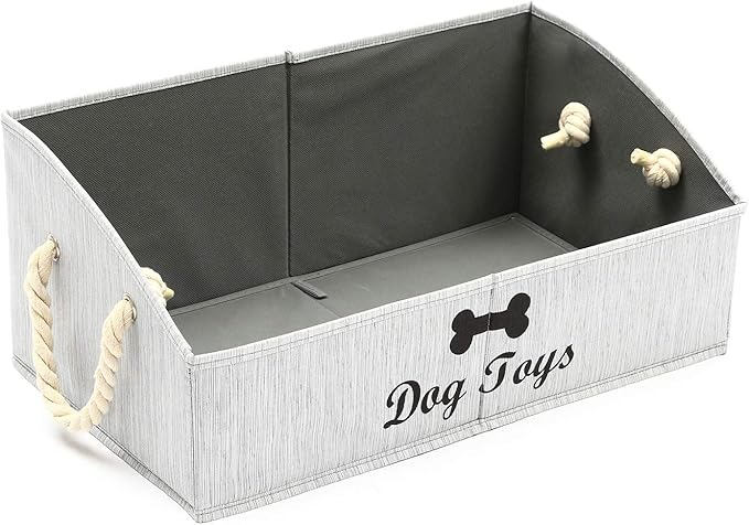 Geyecete Large Dog Toys Storage Bins-Foldable Fabric Trapezoid Organizer Boxes with Weave Rope Handle,Collapsible Basket for Shelves,Dog Apparel(Gray-Dog)