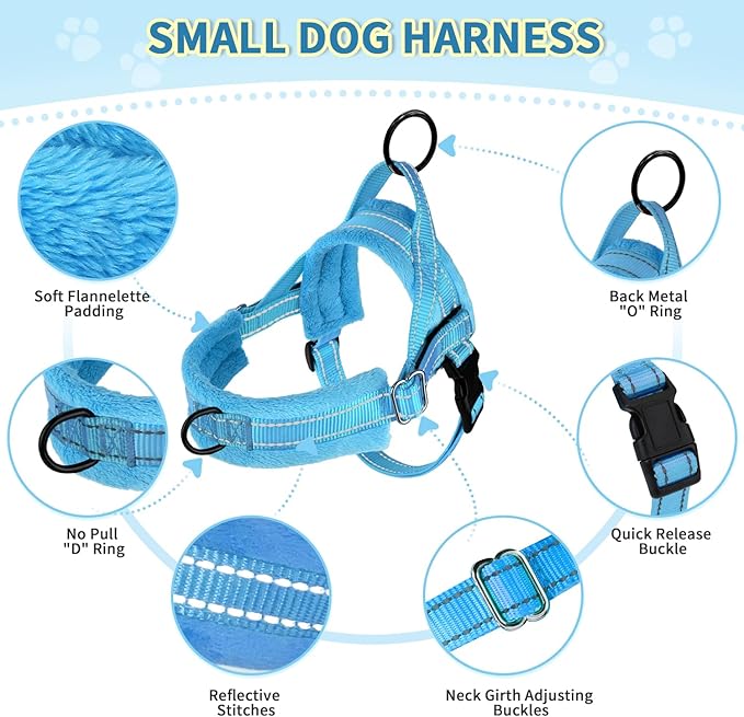 Lukovee No Pull Dog Harness and Leash Set, Soft Padded Small Dog Harness, Neck & Chest Adjustable Reflective Vest Puppy Harness with 4ft Lightweight Anti-Twist Dog Leash for Small Dogs (LBL, XXS)