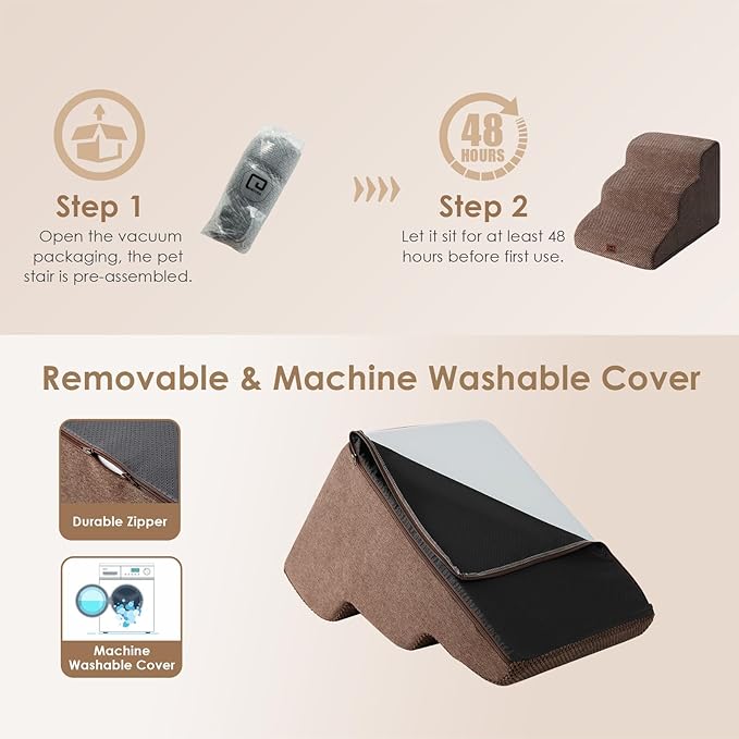 EHEYCIGA Curved Dog Stairs Ramp for Small Dogs 15.7" H, 3-Step Dog Steps for Couch Sofa and Chair, Pet Stairs for Cats, Non-Slip Balanced Pet Steps Indoor, Brown