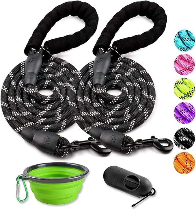 COOYOO 2 Pack Dog Leash 5 FT Heavy Duty - Comfortable Padded Handle - Reflective Dog Leash for Medium Large Dogs with Collapsible Pet Bowl