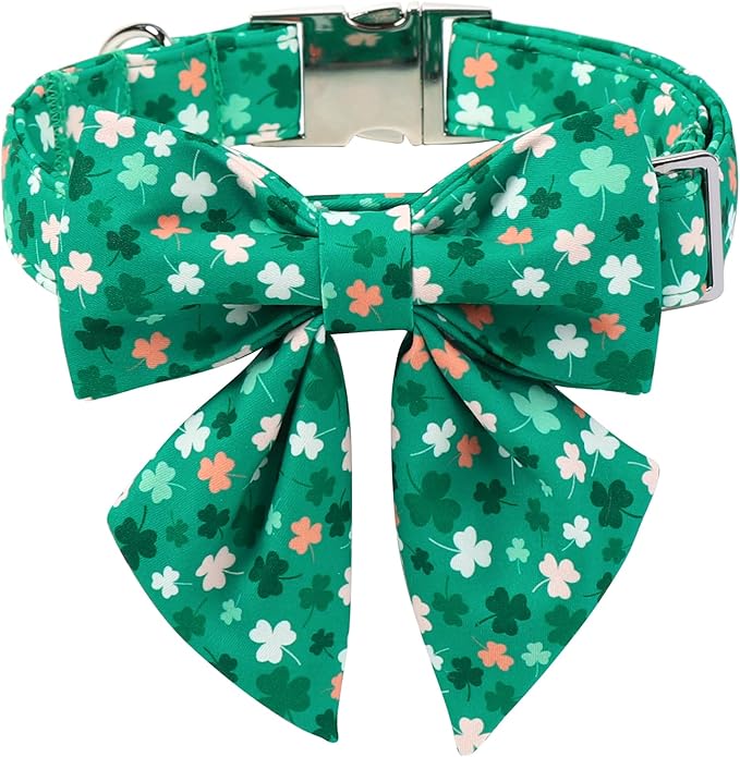 Maca Bates St. Patrick's Day Shamrock Dog Collar with Sailor Bow Tie,Large Girl Boy Dogs, Green Pink White Clover Pattern,Adjustable Durable Soft Collars Irish Gift for Male Female Puppy