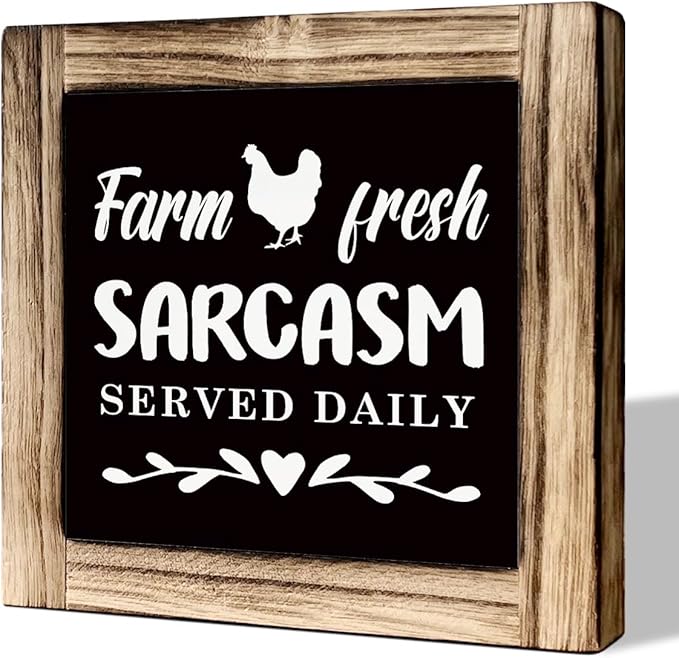 Farm Fresh Sarcasm Served Daily - Rustic Wooden Tabletop Decor Sign for Kitchen or Dining Room