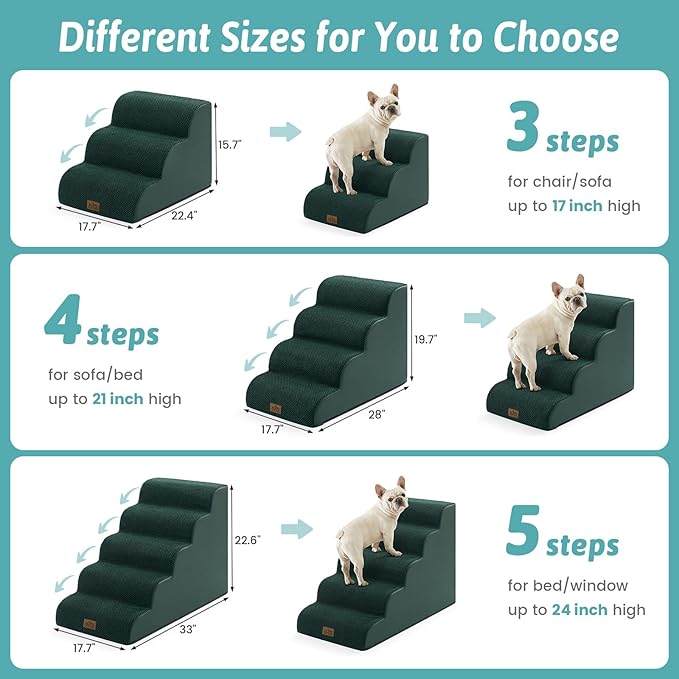 Wide Dog Stairs for Small Dog 19.7" H, Pet Step for Puppy, Older Cat, Curved Ramp for Bed, Durable Anti-Slip Ladder with High Density Foam, 4 Step, 17.7x28x19.7 inch, Dark Green