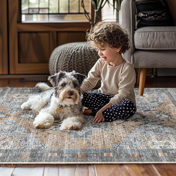Muddy Mat짰 Coral 5x7 Washable Area Rugs for Living Room, Bedroom & Dining Room ??Modern Soft Low Pile Non Slip Carpet ??Pet Friendly Waterproof Foldable Rugs for Home