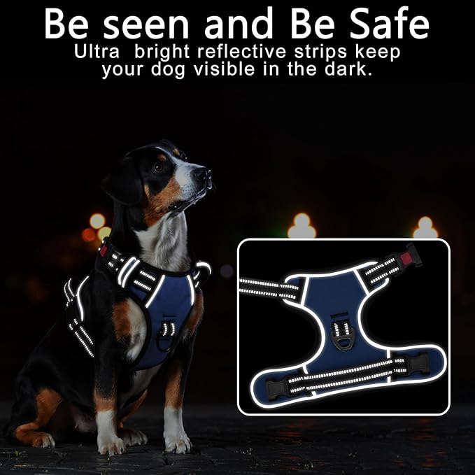 Timos Dog Harness for Large Dogs, No Pull Service Vest with Reflective Strips and Control Handle,No Choke Dog Harness with 2 Metal Rings for Easy Walking,Outdoor Training,Blue, XL