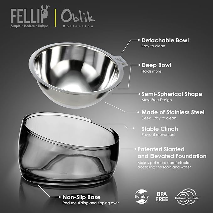 Felli Pet Oblik Spill Proof Dog Food Water Bowl Raised Acrylic Cone, Stainless Steel Tilted Oval Dish Pet Friendly, Slanted Metal Plate Feeder Elevated for Small Medium Size Dog (1.5Cup, Smoky)
