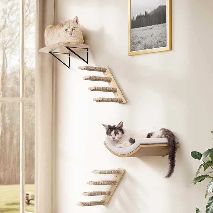 Cat Climbing Shelves Four Stair Shelf Wall Mounted Reversible Left & Right Direction, Cat Stairway Shelf for Climbing with Sisal Rope Ladder Wall Pets Furniture
