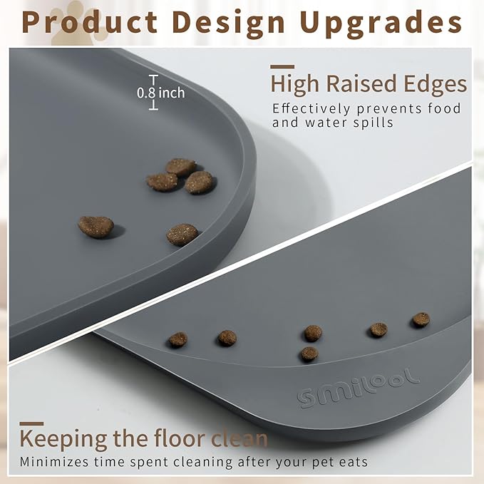 Silicone Pet Food Mat with Raised Edge for Food and Water Bowl, Dog Feeding Mats, Cat Food Trays for Floor Waterproof, Rubber Tray for Dogs and Cats, 22 x 14 x 0.8 Dark Gray