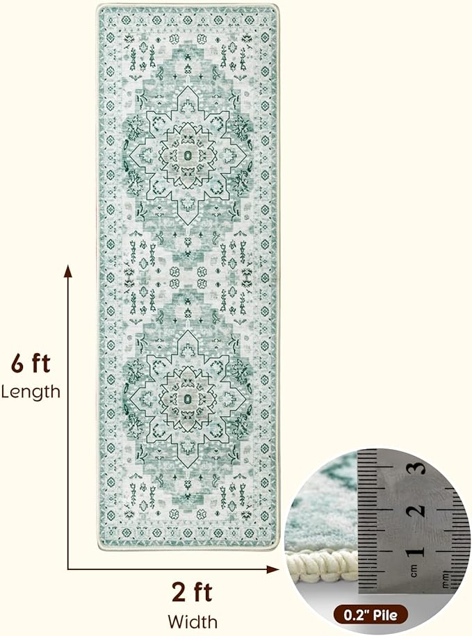 LBRO2M Boho Runner Rug 2X6 Hallway Rug Non Slip Washable Runners for Hallways, Bedroom, Kitchen Laundry Room Pet Friendly Area Rugs (2X6, Light Green)