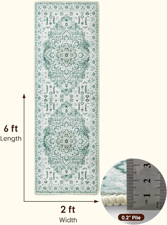 LBRO2M Boho Runner Rug 2X6 Hallway Rug Non Slip Washable Runners for Hallways, Bedroom, Kitchen Laundry Room Pet Friendly Area Rugs (2X6, Light Green)