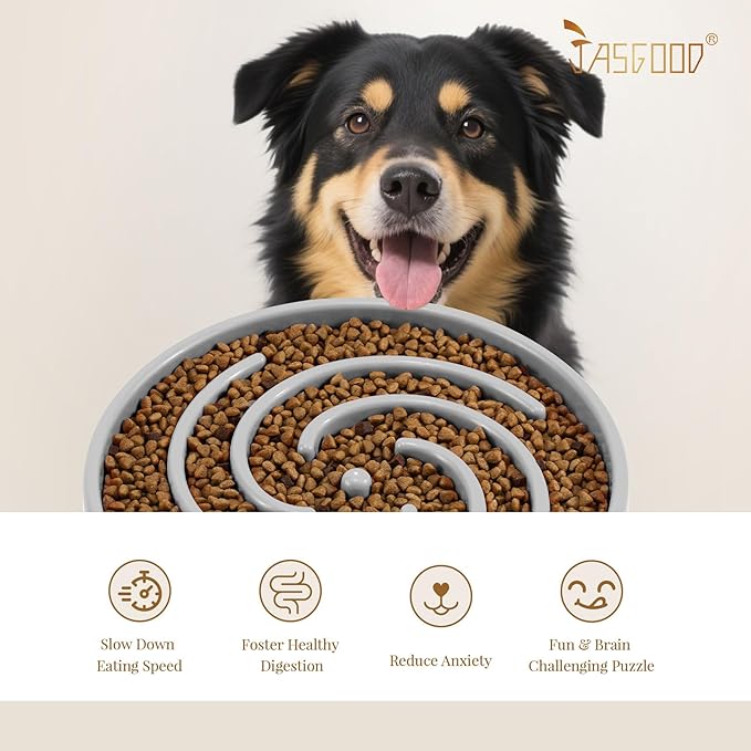 JASGOOD Slow Feeder Dog Bowl - Anti-Gulping, Prevents Bloat & Choking, Healthy Design for Large & Medium Dogs