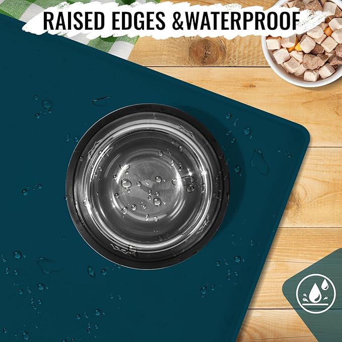 MateeyLife Dog & Cat Food Water Mat for Floors Waterproof, Nonslip Pets Bowl Feeding Mats with Raised Edges, Silicone Matt Tray for Messy Drinkers, 18"x12", Navy