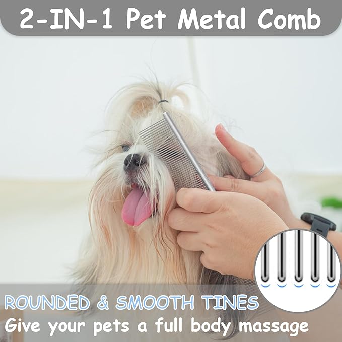 7 Pack Pets Grooming Brush Comb Kit,Double-Side Deshedding Dematting Dog Brush,Undercoat Rake for Dogs & Cats,with Metal Comb,Flea Comb,Open Knot Comb,Fine-Teeth Comb,Tear Stain Remover Comb