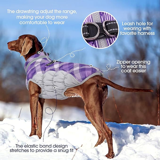 FUAMEY Dog Coat for Small Dogs,Waterproof Dog Winter Jacket with Harness Built in Puppy Cold Weather Coats Reflective Pet Vest with Zipper Warm Fleece Dogs Snowsuit Windproof Purple Plaid XS