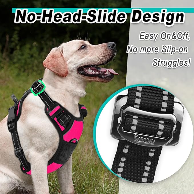 BARKBAY Dog Harness No Pull 3 Buckles for Large Dogs - Adjustable, Reflective, Comfortable, No Choke, Heavy-Duty - Perfect for Outdoor Training, Walking, and Hiking - Strong & Durable - XL & Pink