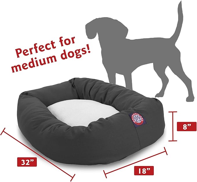 Majestic Pet 32 Inch Poly-Cotton Sherpa Calming Round Dog Bed - Washable, Soft, with Head Support - Fluffy Donut Design, Gray (32x23x7 Inch) - Medium