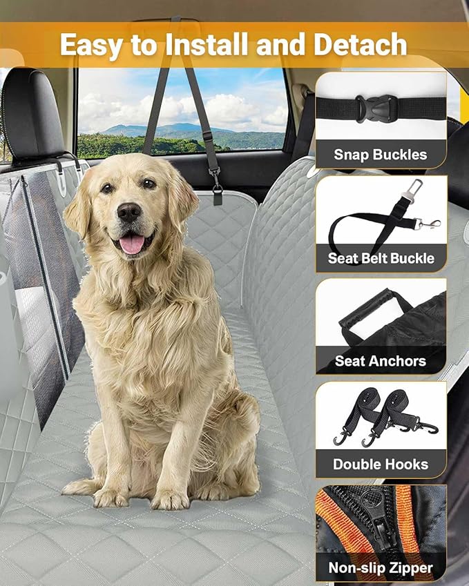 Dog Car Seat Cover, 600D Heavy Durable Dog Seat Cover for Back Seat, 100% Waterproof Scratch Proof Nonslip Dog Hammock for Car with Side Flap, Pet Back Seat Covers for Cars with SeatBelt Gray