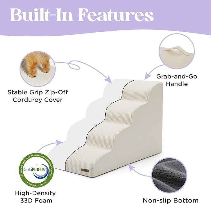 Lesure Dog Stairs for Small Dogs and Cats Pet Steps Ramp for Bed and Couch with CertiPUR-US Certified Foam with Non-Slip Bottom, Beige, 3 Steps