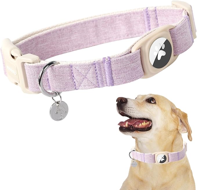 DOGWONG Airtag Cotton Hemp Dog Collar, Heavy-Duty Dog Collar with Airtag Holder Purple Collars Natural Fabric Cute Puppy Necklace for Small Medium Large Dogs