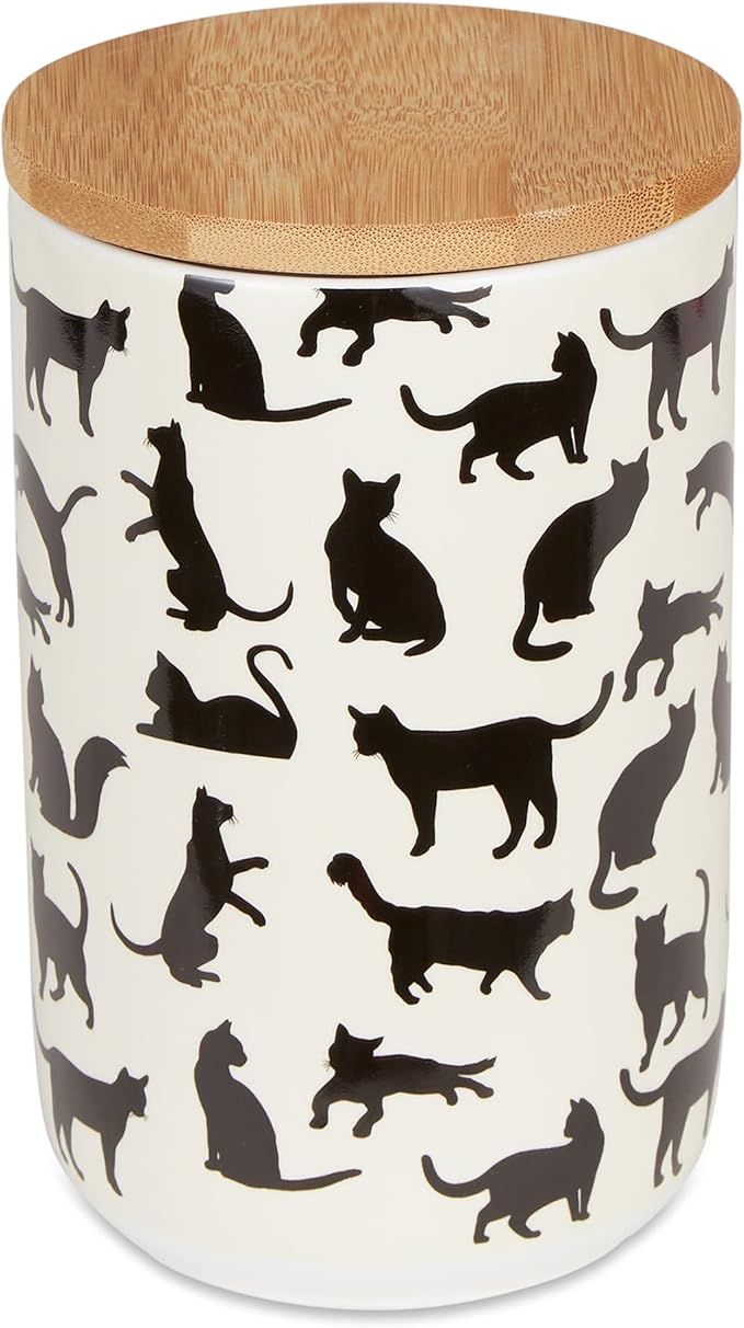 Bone Dry Ceramic Treat Jar for Cats and Dogs, Bamboo Lid, Dishwasher Safe Canister, 4x6.5", Black/White, Cat Treats
