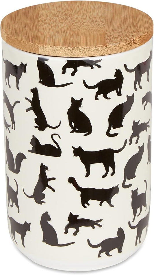 Bone Dry Ceramic Treat Jar for Cats and Dogs, Bamboo Lid, Dishwasher Safe Canister, 4x6.5", Black/White, Cat Treats