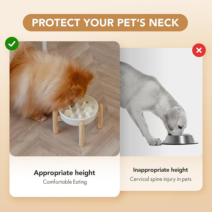 Ceramic 0.9 Cup Dog Raised Slow Feeder Set, Elevated Bowl with Wooden Stand for Small Dog, 6.1inch Pet Slow Feeder Dish for Fast Easters, Preventing Choking (Beige, Single Bowl+ Stand)