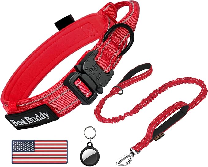 AUBELL Tactical Dog Collar and Leash Set, Reflective Adjustable Heavy Duty Military K9 Collars with Handle and Metal Buckle for Large Dogs, with Airtag Case and 2 Patches(Red,L)