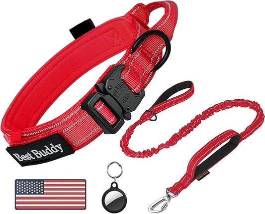 AUBELL Tactical Dog Collar and Leash Set, Reflective Adjustable Heavy Duty Military K9 Collars with Handle and Metal Buckle for Extra Large Dogs, with Airtag Case and 2 Patches(Red,XL)
