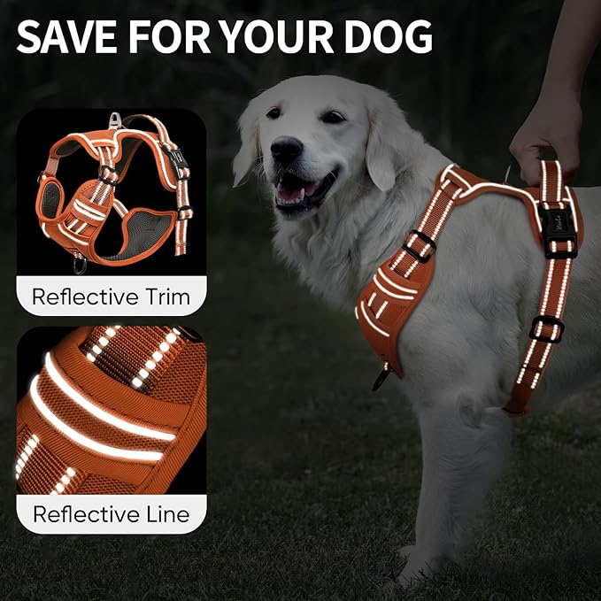 HEELE Dog Harness for Large Dogs No Pull Dog Vest Harness for Large Dog with Soft Padded Handle Reflective for Outdoor Training, Pumpkin Orange, XL