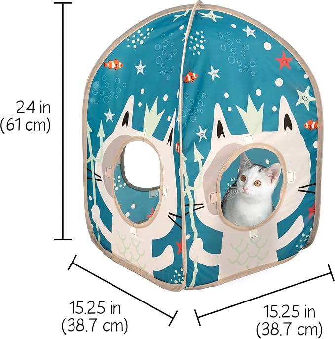 Kitty City Ocean-Themed Pop-Up Cat House, Collapsible Indoor Cat Hideout with Peekaboo Openings, Lightweight Foldable Cat Play Furniture for Play & Lounging