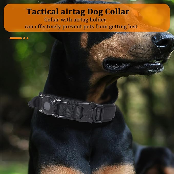 Xqpetlihai Upgraded AirTag Dog Collar Waterproof Tactical Dog Collar with AirTag Holder Heavy Duty Dog Collars for Large Dogs (Black，M