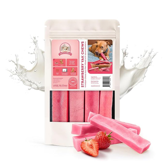 KATHMANDU'S 100% Natural Strawberry Flavored Yak Chews – Keep Dogs Busy & Happy with our Lactose&Rawhide Free Himalayan Dog Chews - Long Lasting Dental Treats for Aggressive Chewers (Large, Pack of 4)