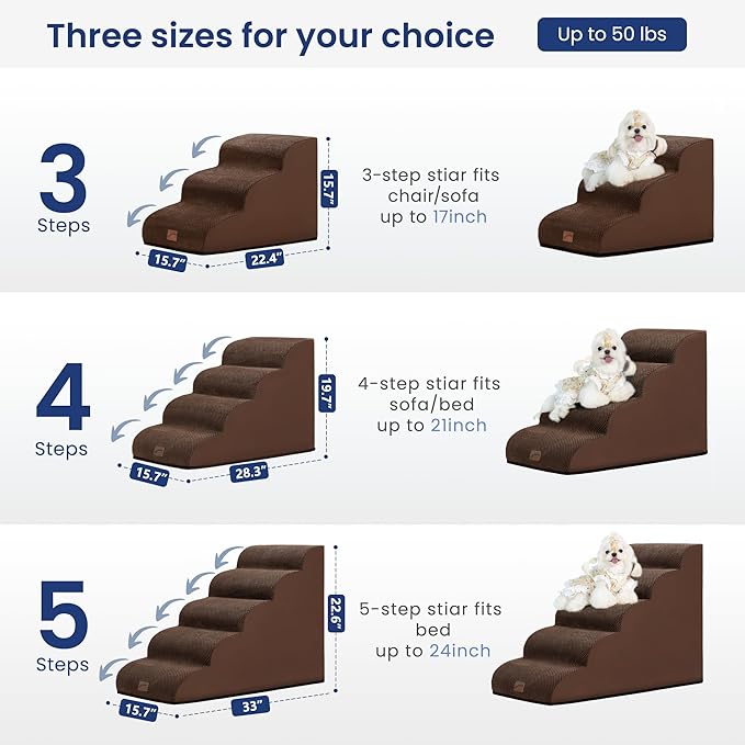 gogobunny Ramp Cat Dog Stairs for Beds, Cat Slope Stairs with Durable Waterproof Fabric Cover, Pet Steps for Old Large Dogs Climbing (Brown, 3-Step (22.4" D x 15.7" W x 15.7" H), 3)