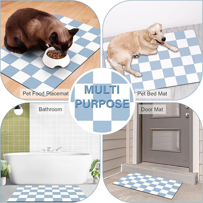 Cat Food Mat - 12"x 20" Cat Dog Mats for Food and Water Bowl, Checkered Pet Placemat Feeding Mat, Non-Slip Under Pet Bowls Mats for Messy Drinkers, Blue & White