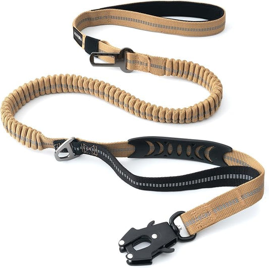 Heavy Duty Tactical Dog Leash with Quick Release Carabiner and Highly Reflective Threads,4-6FT Power Stretch Dog Leash for Medium Large Dogs (Brown & Black)