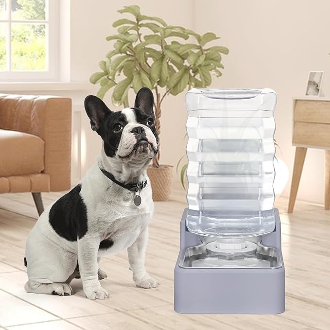 Sfozstra Dog Water Bowl Dispenser: 8L Lagre Automatic Gravity Light Gray Upgraded Pet Water Dispenser - Stainless Steel Bowl - BPA-Free - Two Caps and Filters for Multiple Pets