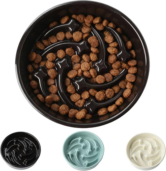 Ceramic Slow Feeder Dog Bowls Large Breed, 2 Cups Slow Eating Dog Bowl, Anti-Gulping Pet Food Bowl Reduce Choking, Heavy Puzzle Maze Design Pet Dishes for Fast Eaters, 8.3 inch - Black