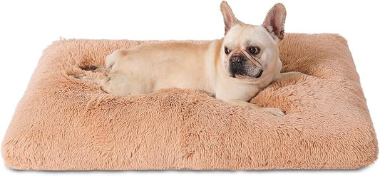 Bedfolks Waterproof Dog Crate Bed,Plush Dog Bed with Removable Washable Cover,Faux Fur Dog Crate Pad for Large Dogs,Fluffy Dog Kennel Bed 35"x23",Solid Camel