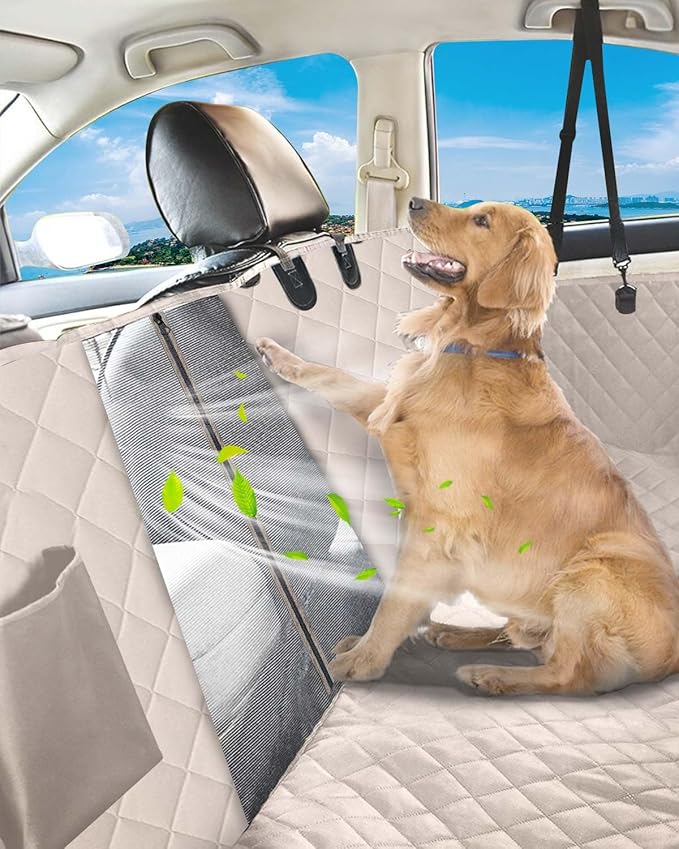 Dog Car Seat Cover, 600D Heavy Durable Dog Seat Cover for Back Seat, 100% Waterproof Scratch Proof Nonslip Dog Hammock for Car with Side Flap, Pet Back Seat Covers for Cars with Seatbelt Khaki