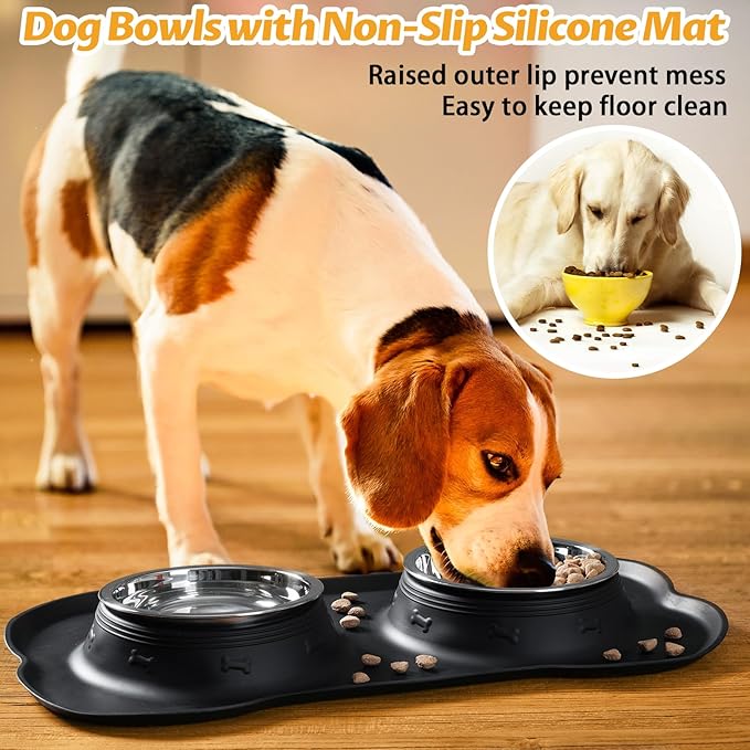 Hubulk Pet Dog Bowls 2 Stainless Steel Dog Bowl with No Spill Non-Skid Silicone Mat + Pet Food Scoop Water and Food Feeder Bowls for Feeding Small Medium Large Dogs Cats Puppies (S, Black)
