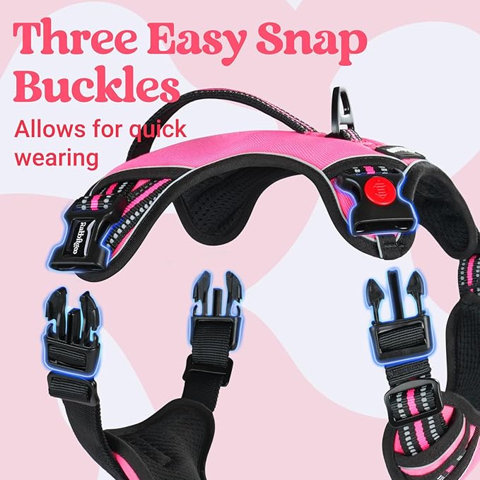 rabbitgoo Dog Harness Medium Sized, No Pull Pet Harness with Soft Padded Handle, Adjustable Reflective Vest with 3 Buckles, Easy Walking Harness with 2 Leash Clips, Pink, M