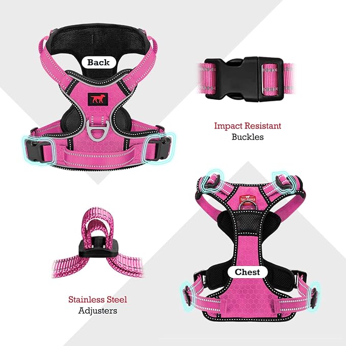Tuff Pupper No Pull Easy Walk Dog Harness | Heavy Duty Pet Vest | Front & Back Leash Clips | Strong Safety Handle | Reflective Anti Pull Vest | Comfortable Padded Escape Proof Harness (Small, Pink)