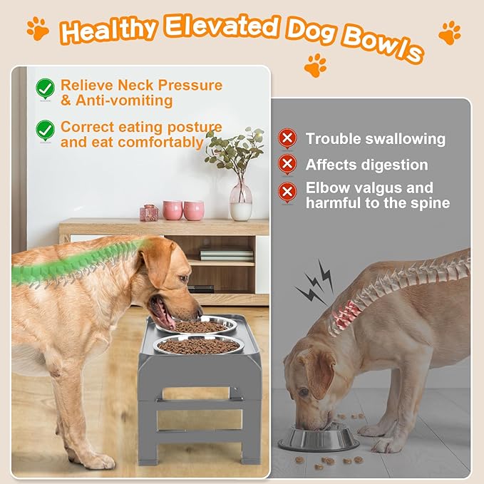 Elevated Bowls, 4 Height Adjustable Raised Stand With 2 Thick 50oz Stainless Steel Food Bowls, Non-Slip Feeder for Large Medium Dogs, Adjusts to 3.7", 9.2", 10.75", 12.36" Grey