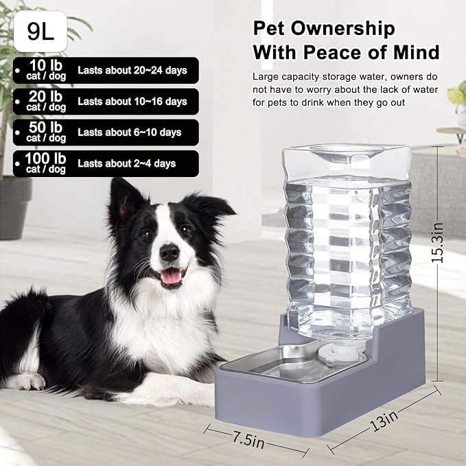 Sfozstra Automatic Lagre Water Dispenser: 9L Dogs Stainless Steel Gravity Light Gray Upgraded Feeder - Two Caps and Filters - Convenient Designed for Multiple Pets