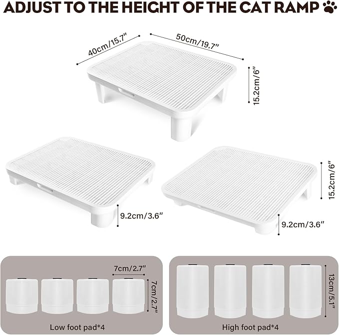 Adjustable Cat Step Ramp, Double Layer Litter Box Step with Filter Function, Replaceable Feet, Elevated Litter Box Ramp for Elderly Cats Easy Cleaning Cat Catcher for Floor Indoor (White)