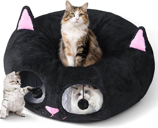 Baseola Cat Tunnel Bed for Indoor Cats, Peekaboo Cat Cave with Washable Soft Play Mat, Furry Cat Tube, for Kitten/Puppy/Rabbit, Kitten Series Black Pink