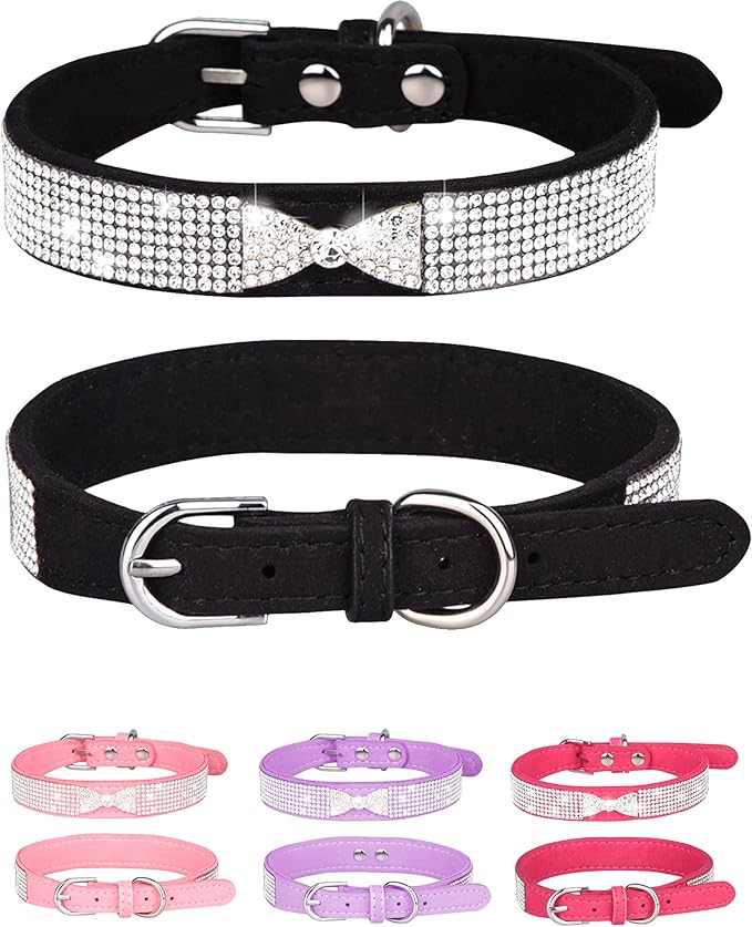 Bling Dog Collar for Small Medium Large Dogs, Crown Rhinestone Dog Collars for Girl and boy Dog, Diamond Puppy Collars, Adjustable Leather Suede SOFE Cat Collar (S(10.6"-13"/27CM-33CM), Black2)