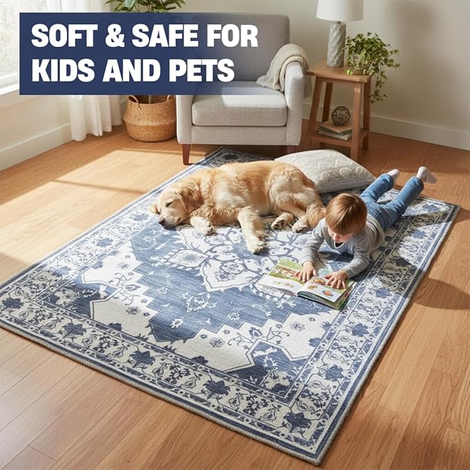 Muddy Mat짰 Navybell 3ft x 5ft Washable Area Rugs for Living Room, Bedroom & Dining Room ??Modern Soft Low Pile Non Slip Carpet ??Pet Friendly Waterproof Foldable Rugs for Home