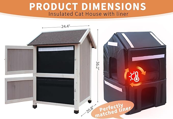 Rockever 100% Insulated Cat House with Insulated Liner, Waterproof Cat House for Outdoor Cats in Winter, Feral Cat Shelter for Outdoor Use with Escape Door